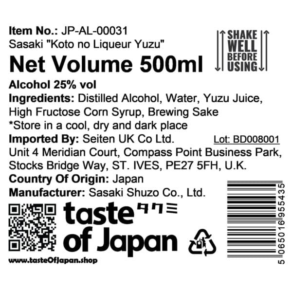 SASAKI SHUZO "Koto no Liqueur" Yuzu, 500 ml Importer Label