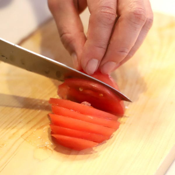 Kyoto Katsugu Stainless Steel Santoku Knife, 30.5 cm - Cutting Tomato